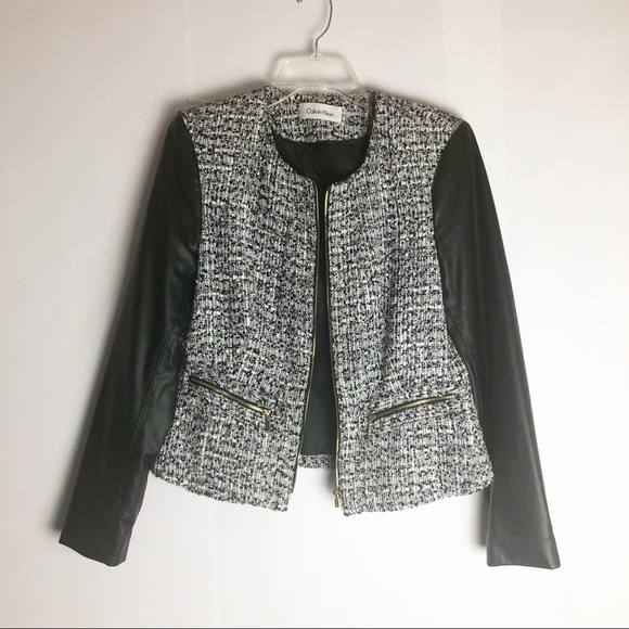 Calvin Klein Jackets & Blazers - Calvin Klein Tweed Moto Zip Jacket Faux Leather 8